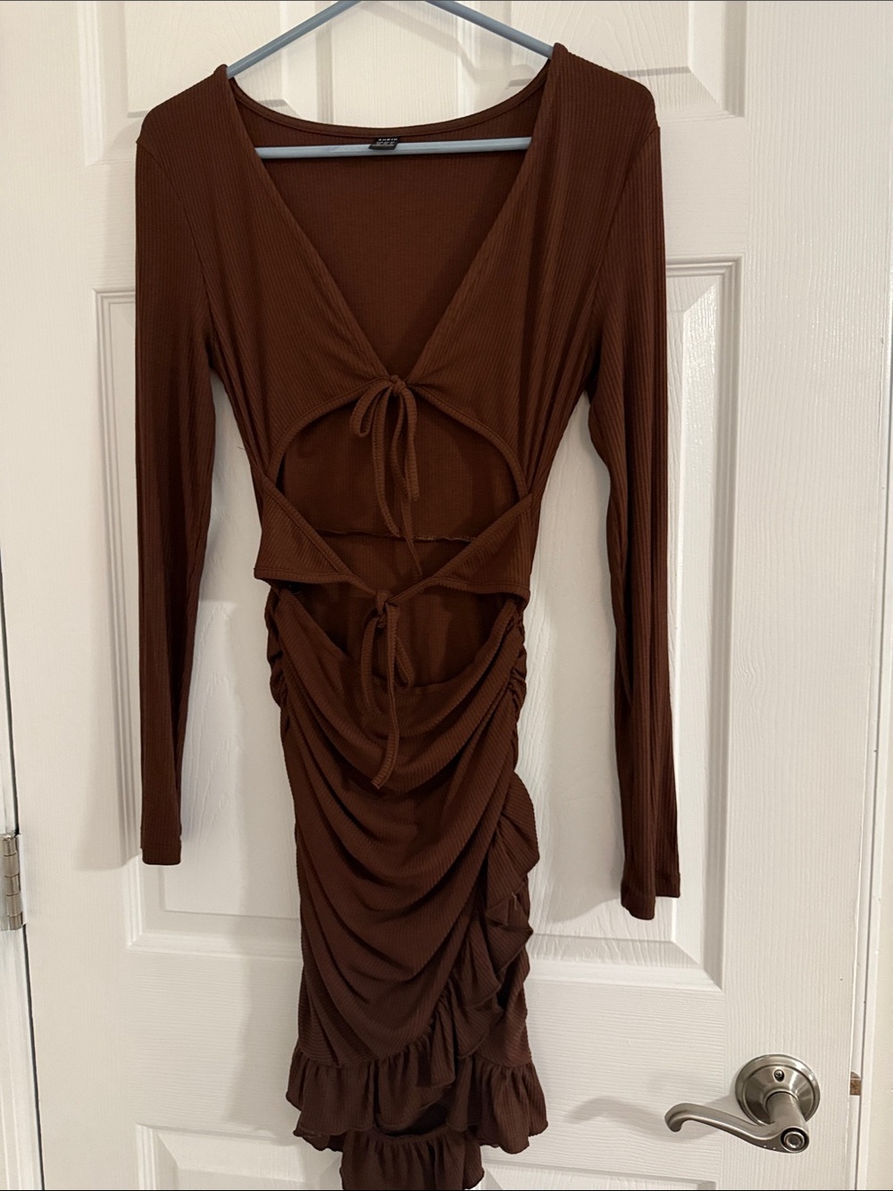 SHEIN Brown Long Sleeve Cutout Ruched Ruffle Dress